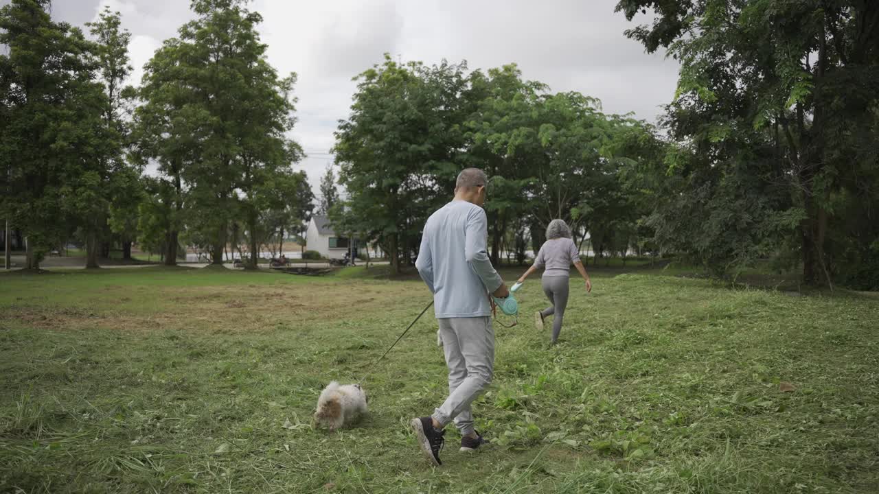 一对亚洲老年夫妇带着狗在公园散步视频下载