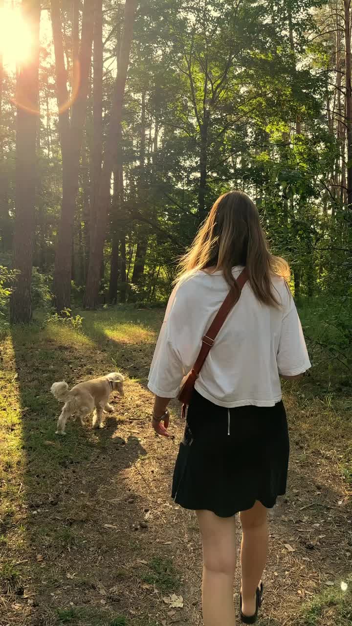 一个年轻女子带着她的狗穿过公园的垂直视频格式。主人和她的宠物在一个绿色的和平互动。垂直视频视频素材