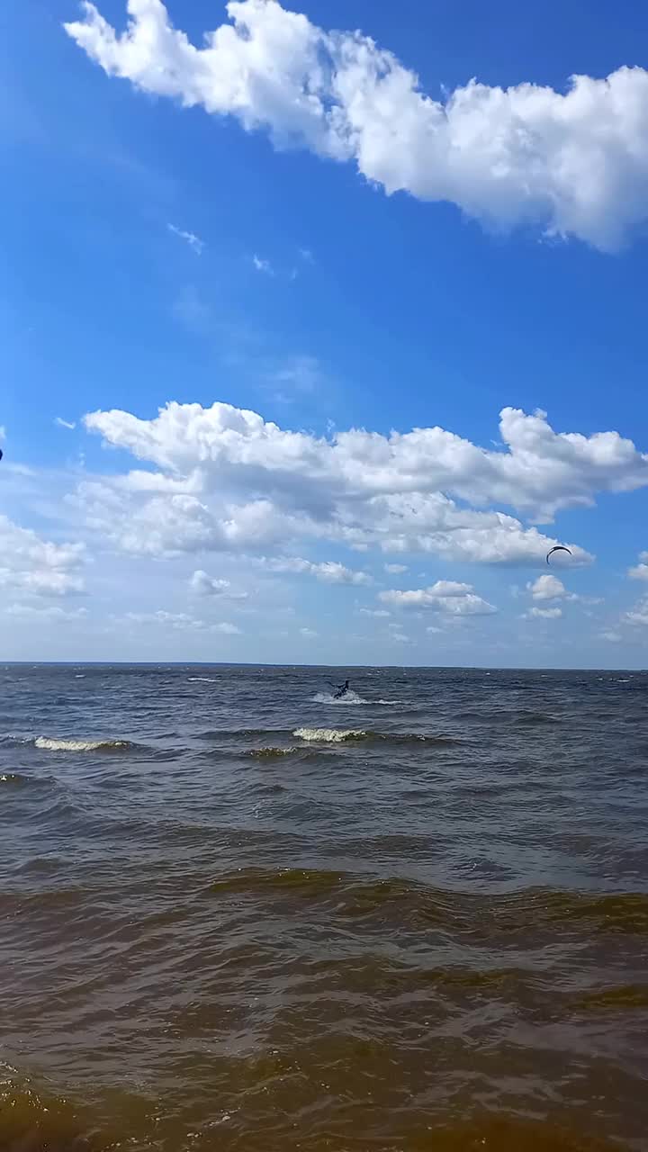 专业的冲浪者风筝冲浪夏天在基辅水库，乌克兰。极限水上运动。水上风筝板训练。风筝冲浪的肾上腺素。垂直视频视频下载