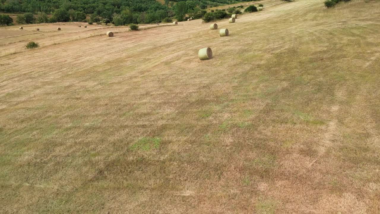 阳光普照的田野:收获的草包在宁静的乡村景观视频下载