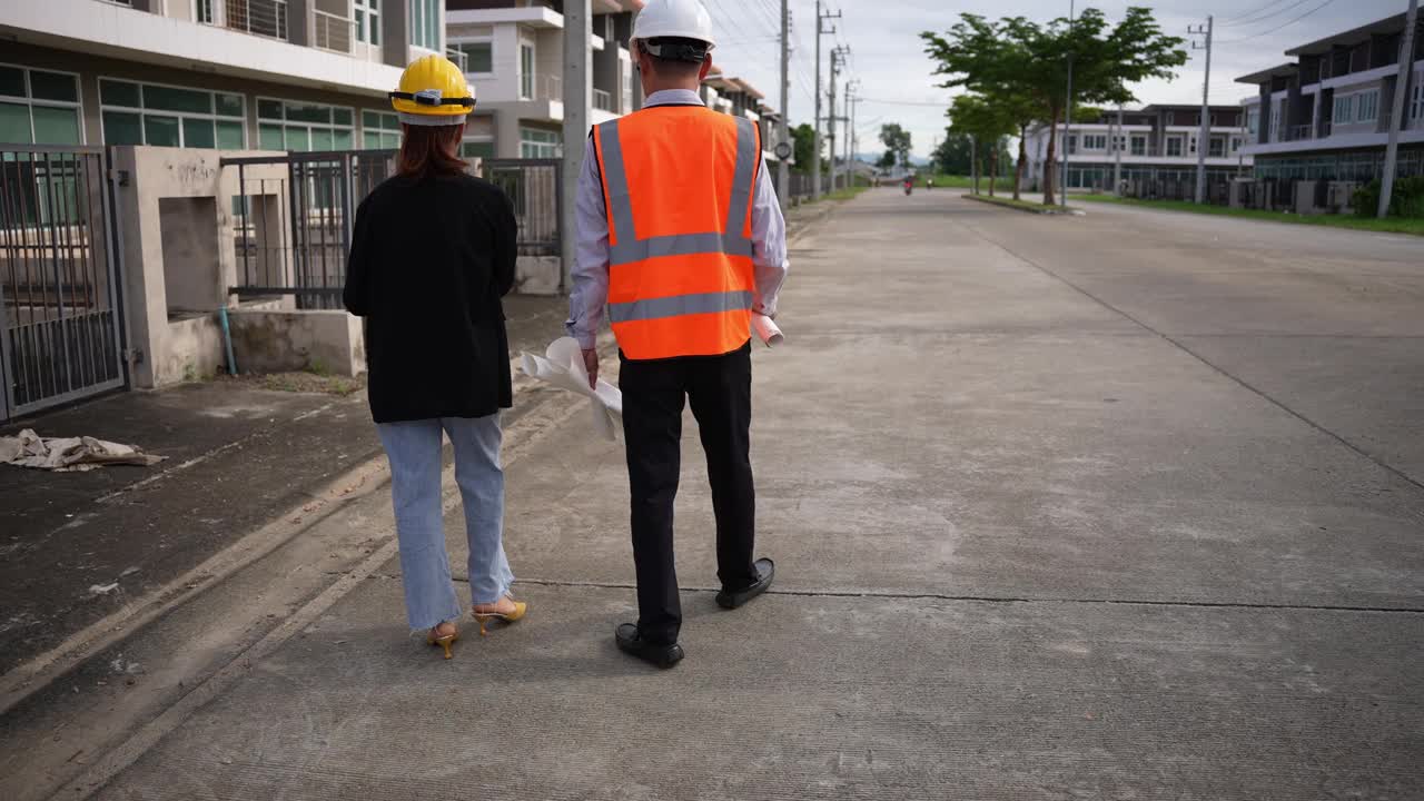 亚洲房地产商视察住宅项目年轻的建筑师夫妇在住宅建筑工地讨论和观看蓝图。视频素材