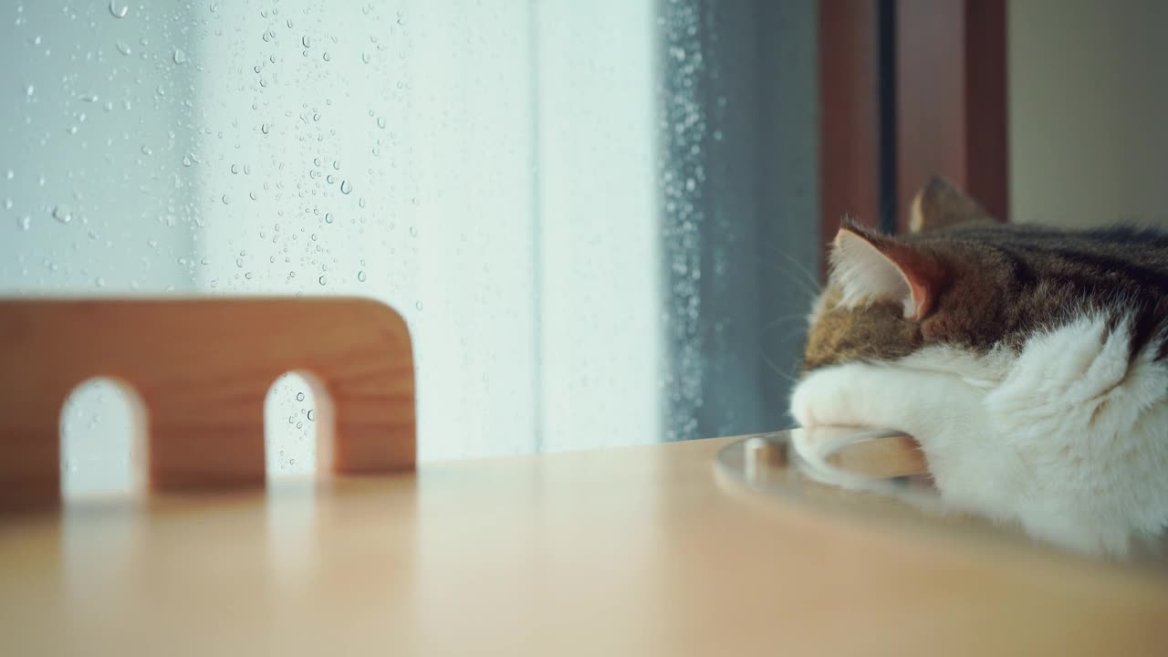 宠物护理的概念与游戏和快乐的感觉，猫看到雨滴在客厅的窗户上视频下载