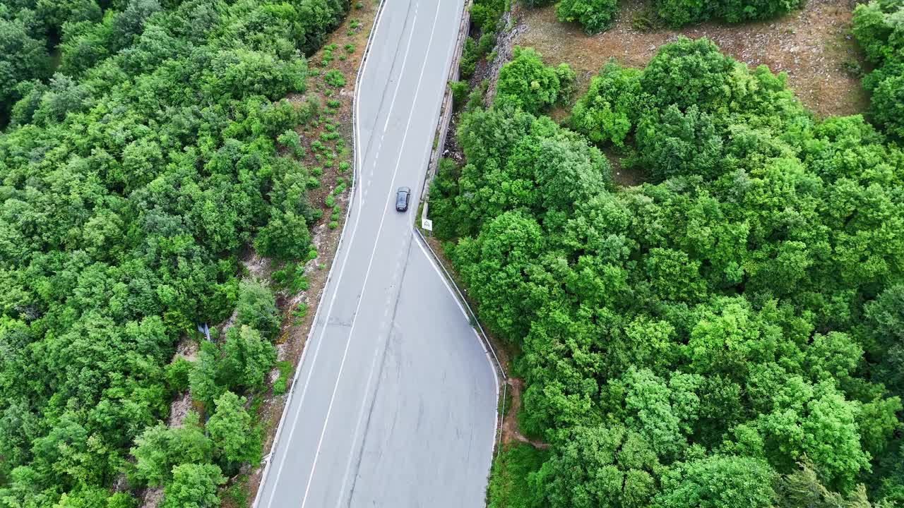 在宁静的白天，蜿蜒的道路穿过郁郁葱葱的绿色森林视频素材