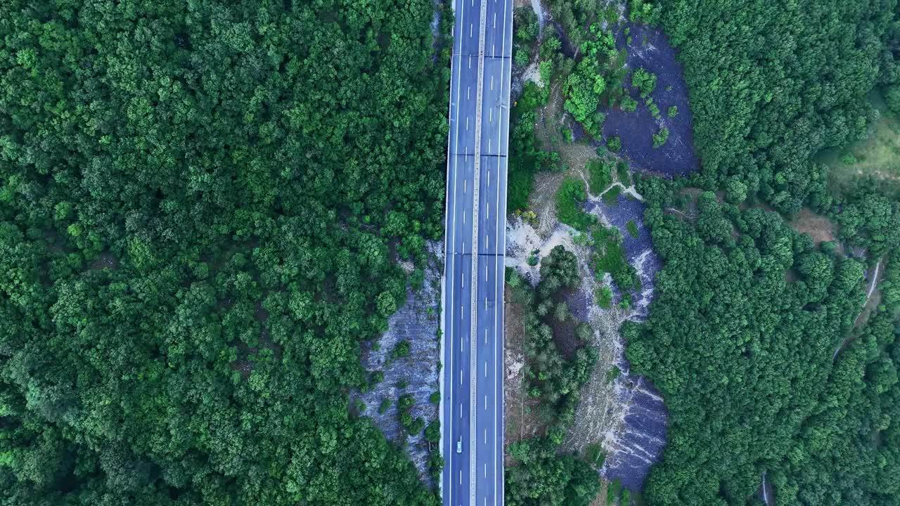 壮丽的鸟瞰公路穿过郁郁葱葱的绿色森林在日出视频素材