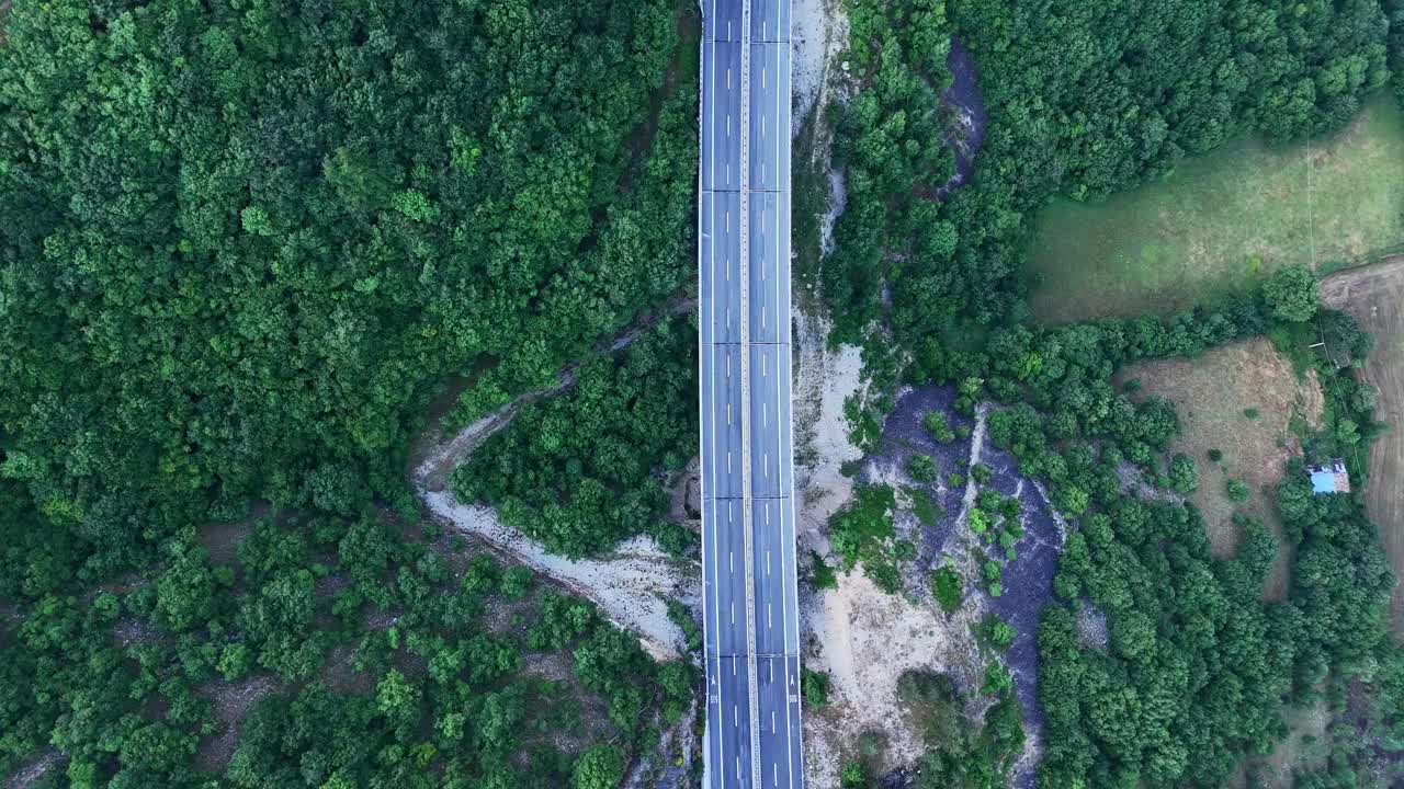 壮丽的鸟瞰公路穿过郁郁葱葱的绿色森林在日出视频素材