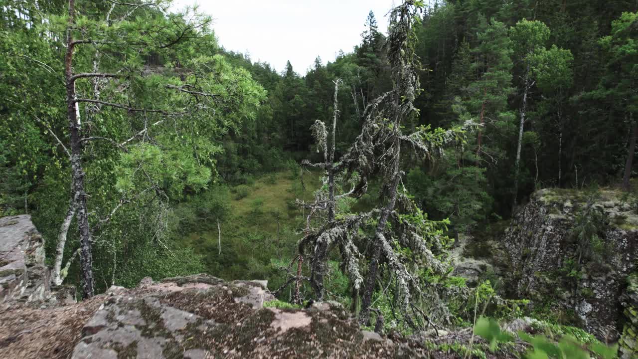 从悬崖上飞过山谷，两边都是山视频素材