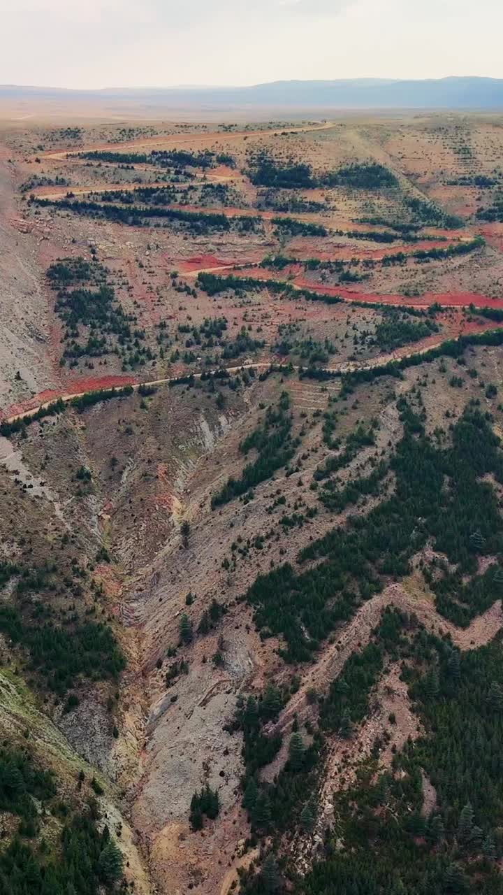 蜿蜒的道路蜿蜒穿过充满活力的沙漠峡谷，在明亮的天空下揭示出令人惊叹的岩层和丰富多彩的地质层视频下载