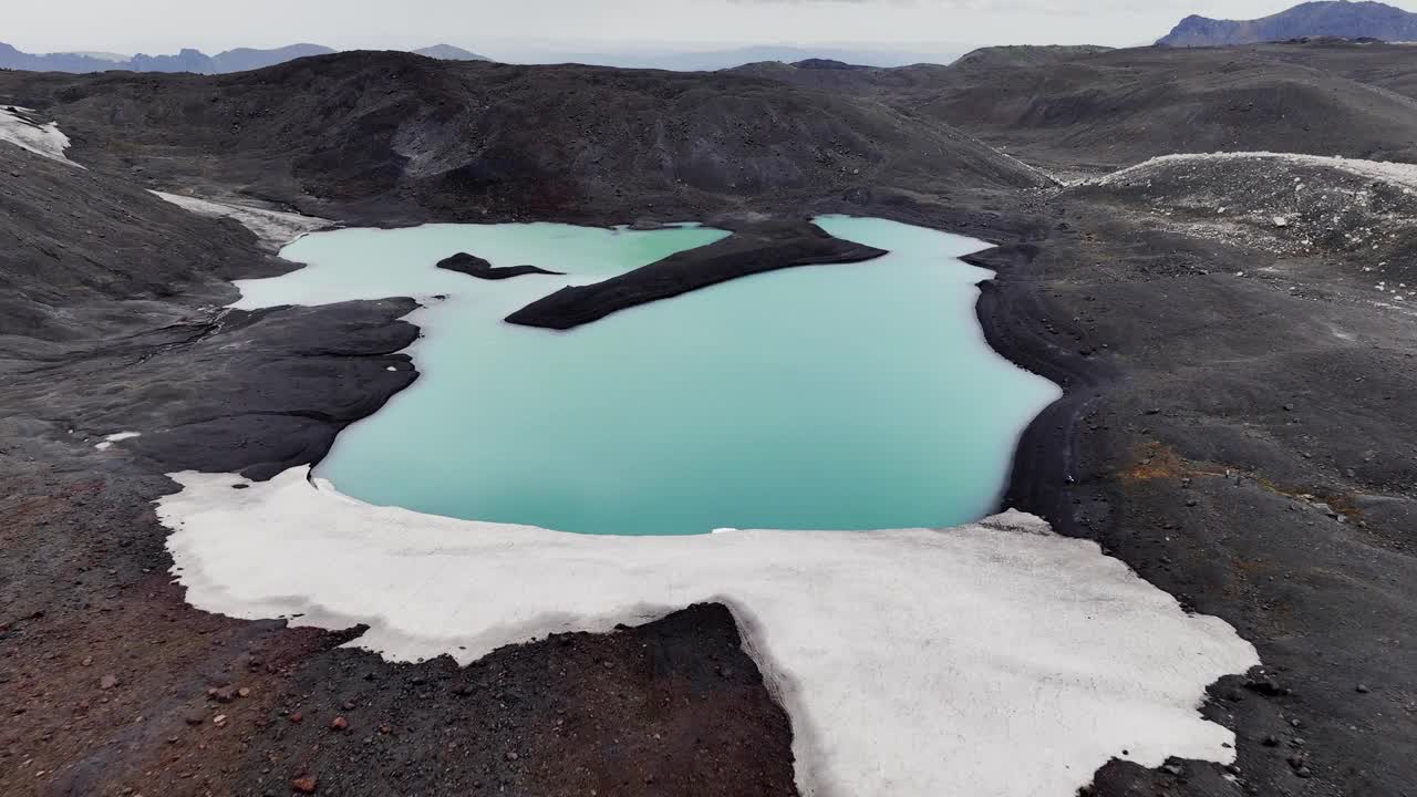 这是一个绿松石般的冰川湖，周围环绕着火山岩和一片死气沉沉的景观。冰岛鸟瞰图视频下载