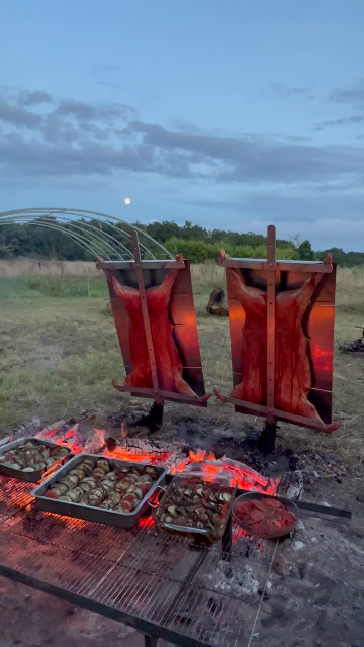 传统的阿根廷asado，羊肉和小猪在柴火上慢炖，刷上辛辣的墨西哥辣酱视频素材