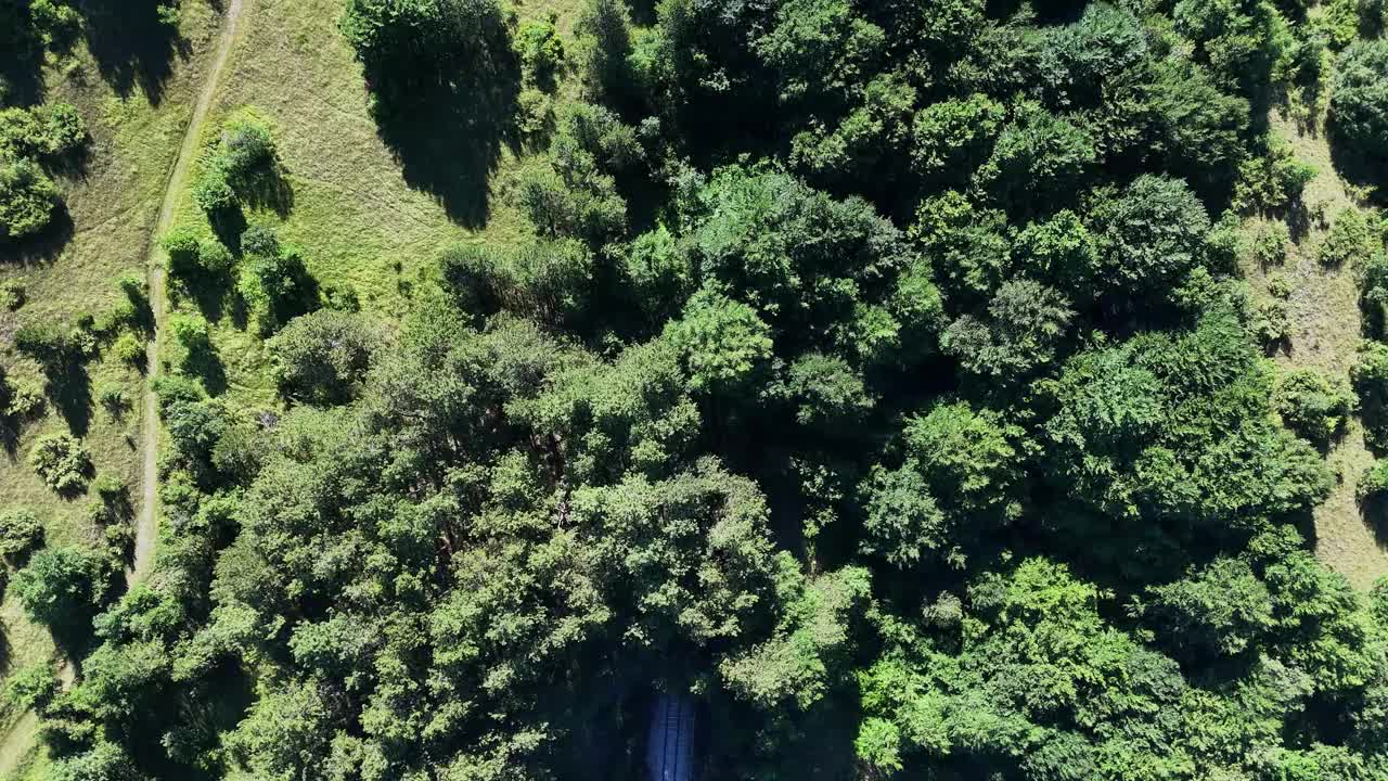 郁郁葱葱的青山俯瞰山谷在一个宁静的乡村景观在明亮的夏日视频下载