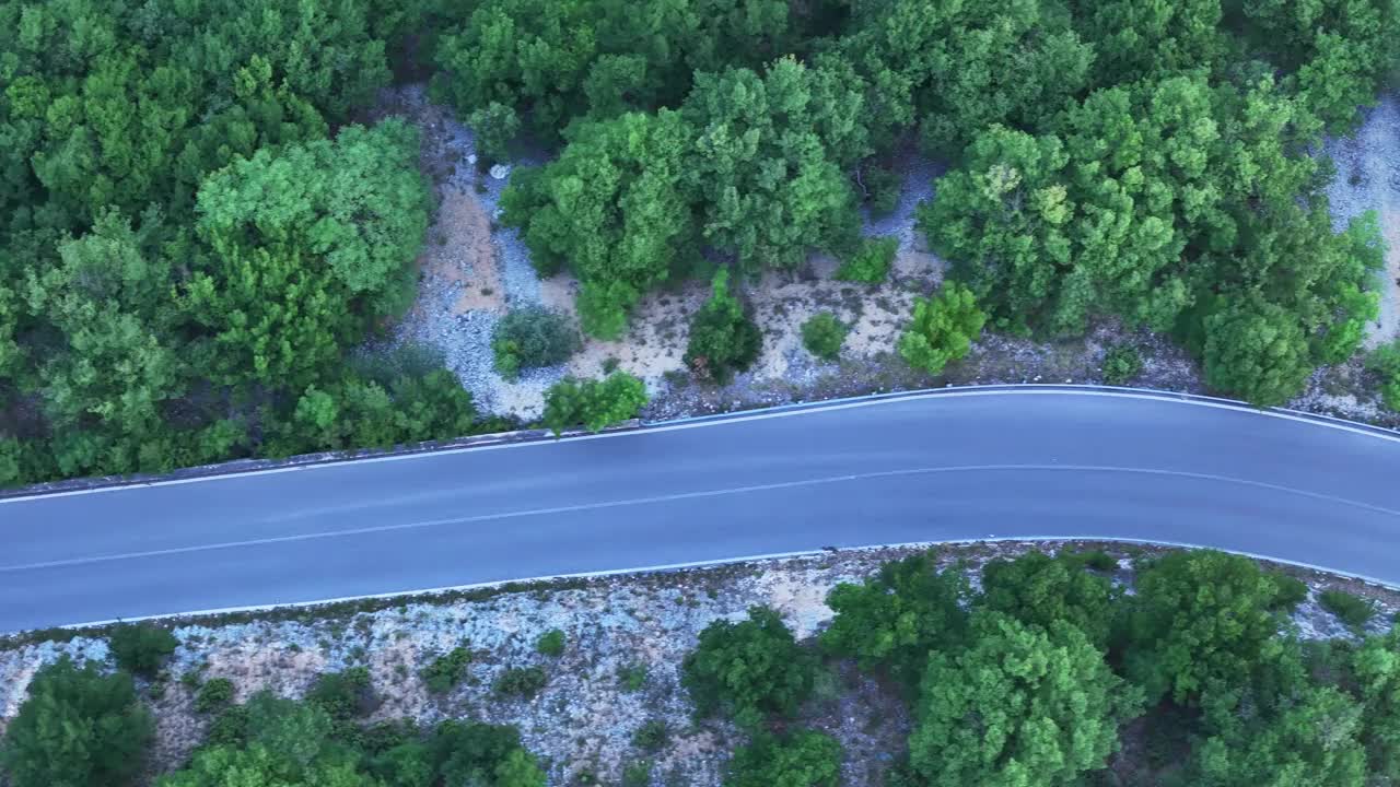 在阳光明媚的日子里，蜿蜒的乡村道路被郁郁葱葱的绿色森林包围视频素材