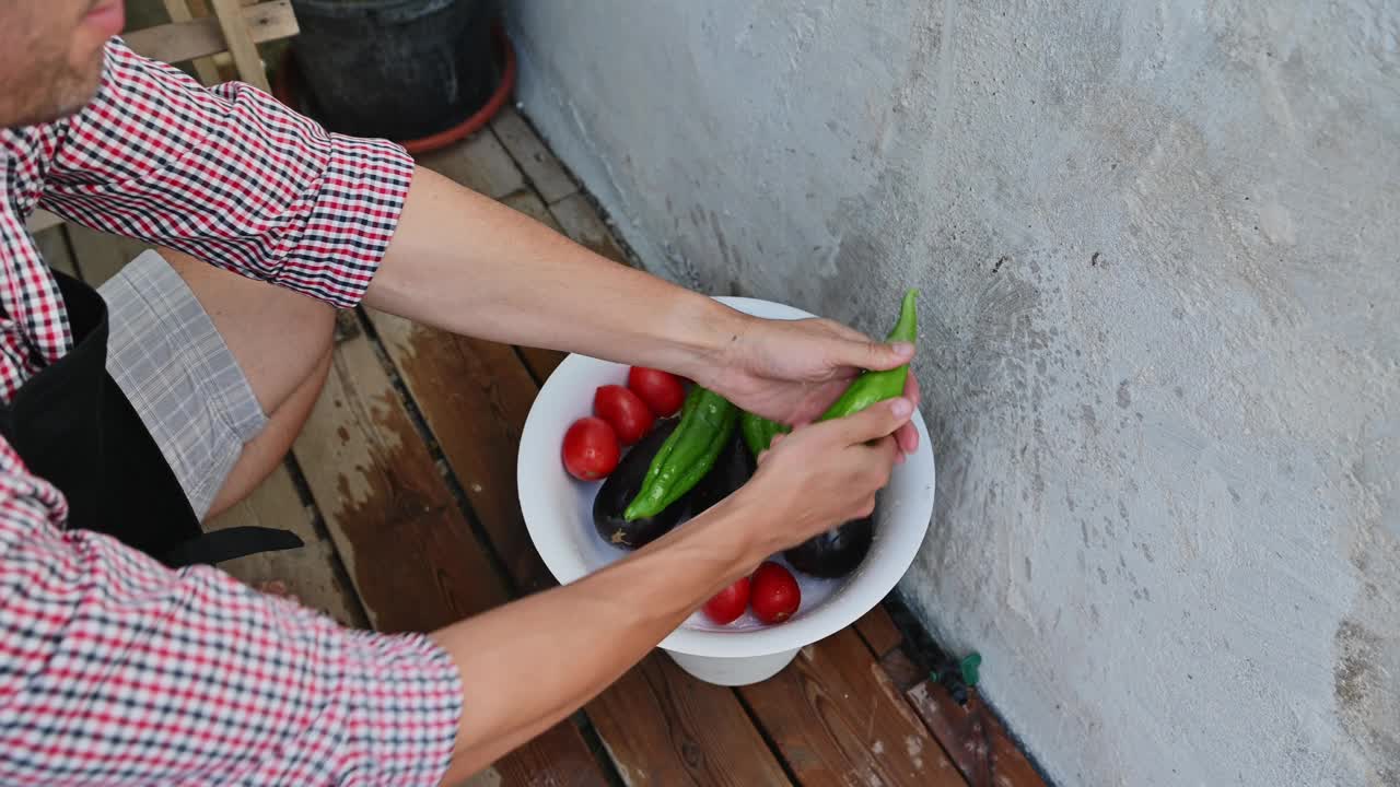 为烧烤准备新鲜蔬菜的人，有西红柿和灯笼椒视频素材