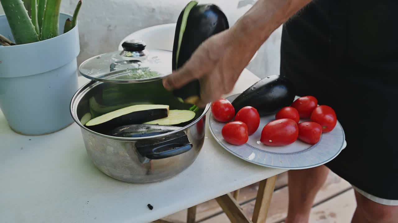 为后院烧烤准备新鲜茄子和西红柿的人。在室外的环境中切蔬菜，旁边有盆栽芦荟植物。视频素材