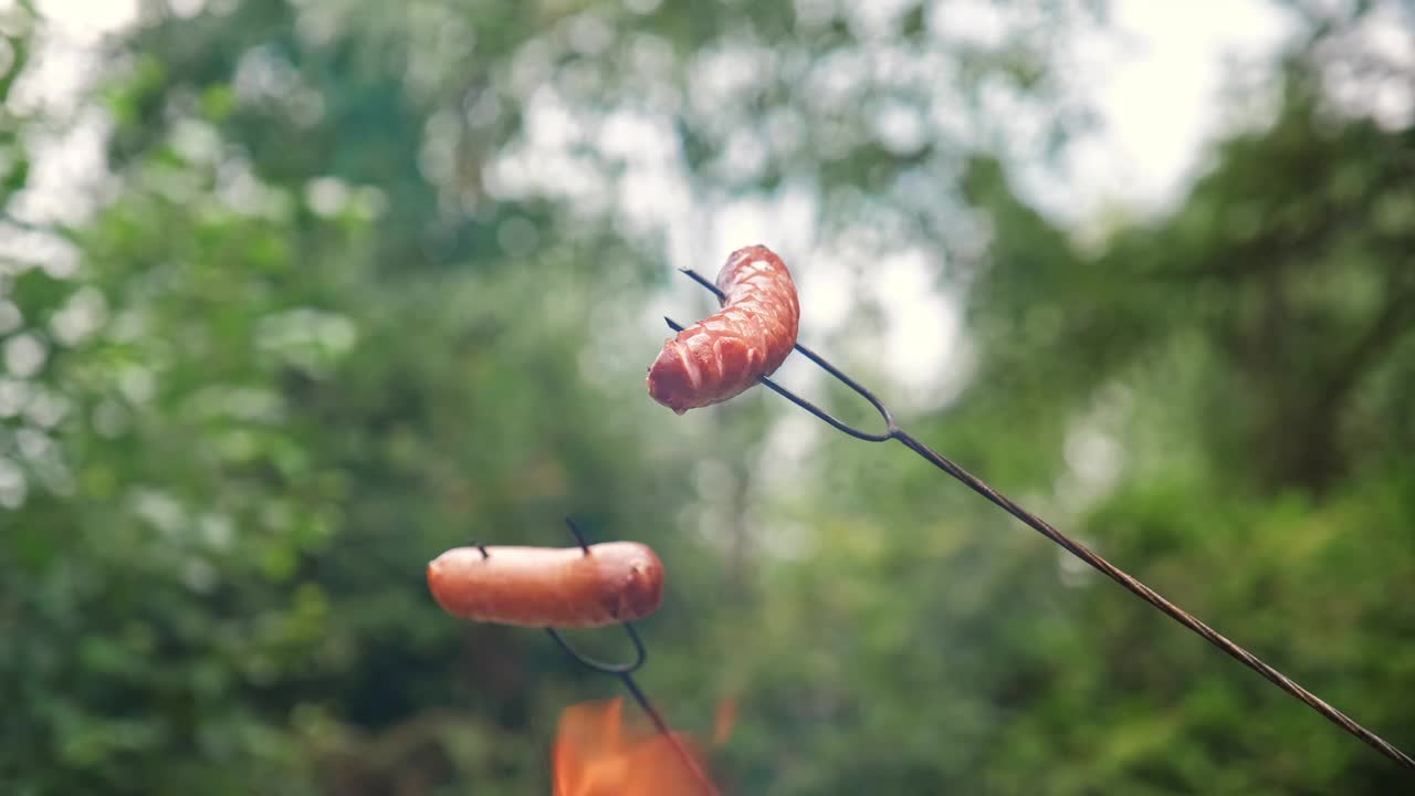 美味可口的脂肪滴香肠烤在金属棒上篝火视频下载