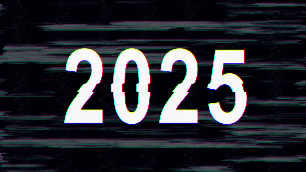 2025文字带有屏幕效果的技术故障。壮观的屏幕错误与各种各样的小故障。4K新年快乐。视频下载