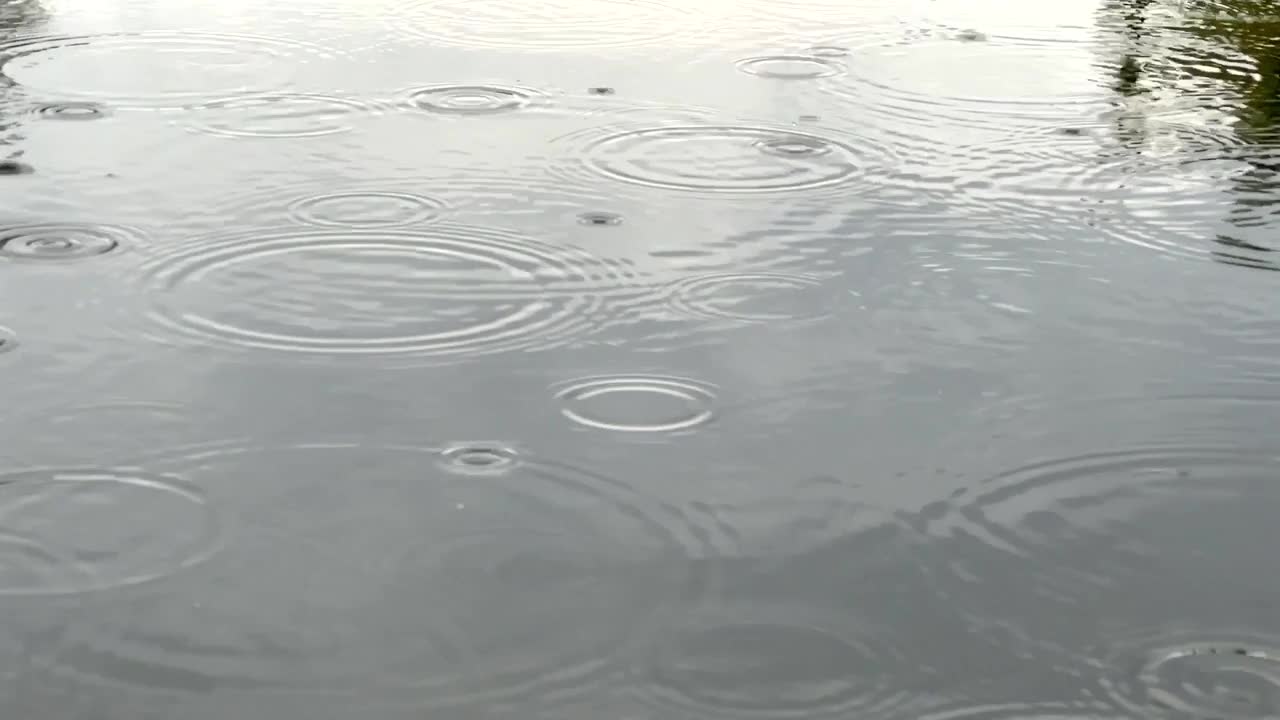 雨天平静水面上的雨滴视频素材