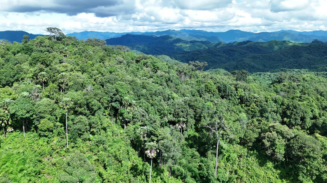 鸟瞰泰国北部雨季期间郁郁葱葱的绿色雨云覆盖的热带雨林山中的森林。视频素材