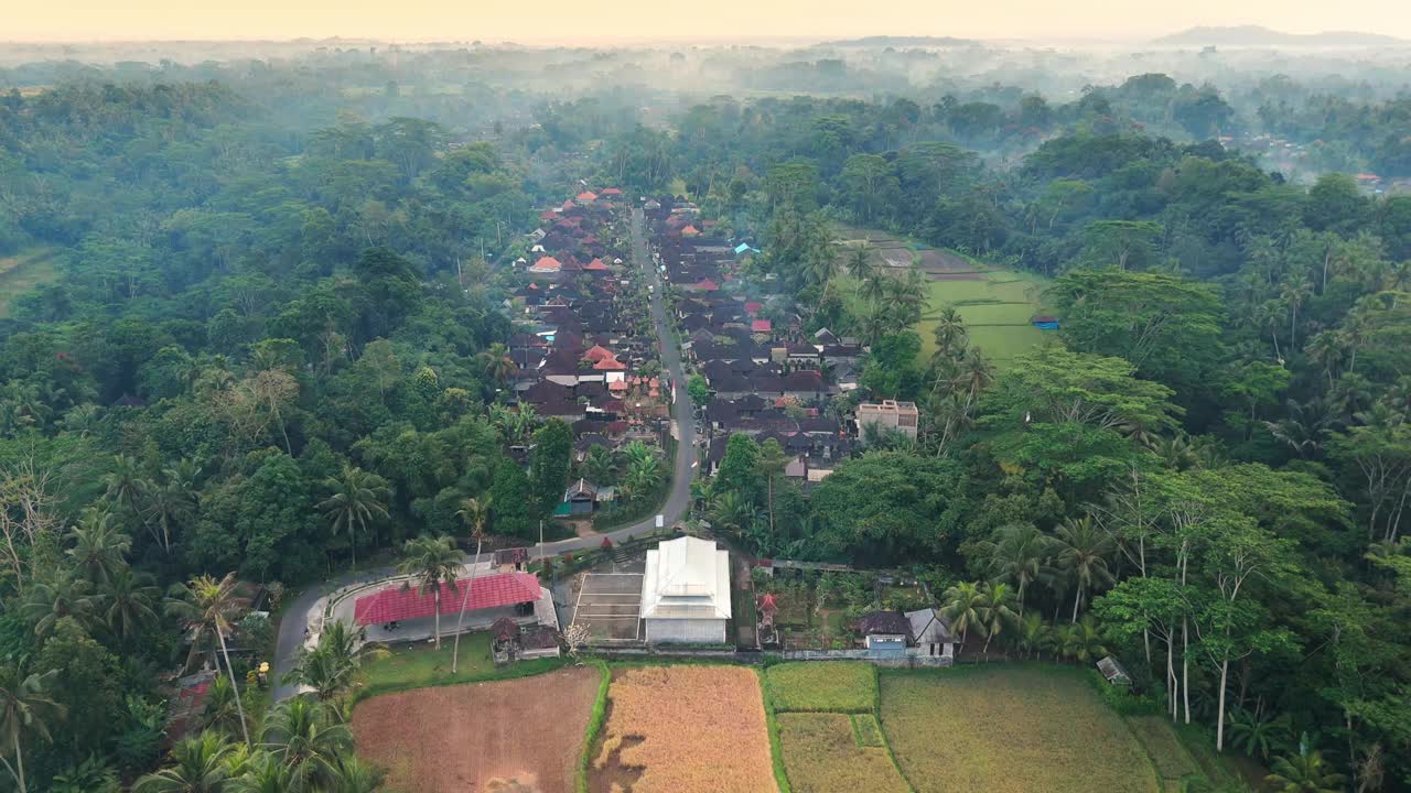 巴厘岛村庄鸟瞰图。热带景观在巴厘岛附近的提布马纳瀑布。视频下载