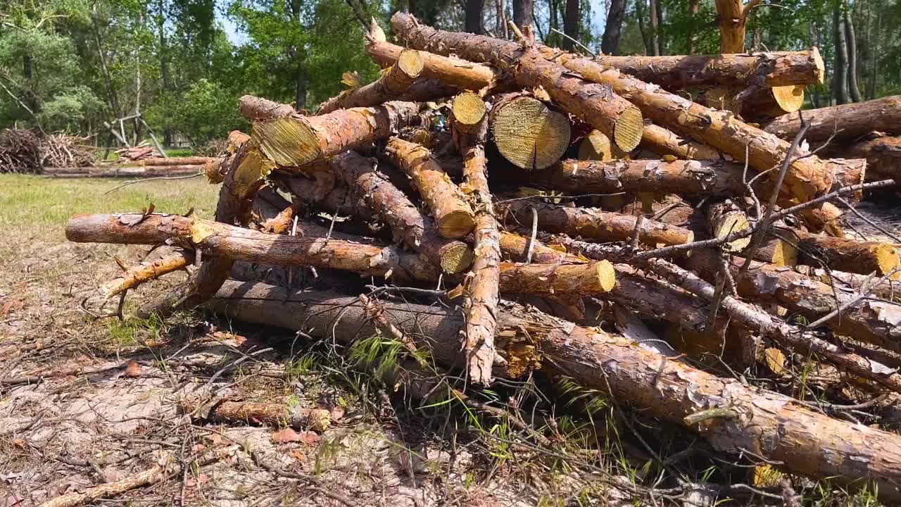 锯过的松木躺在森林里的草地上。森林砍伐。视频下载