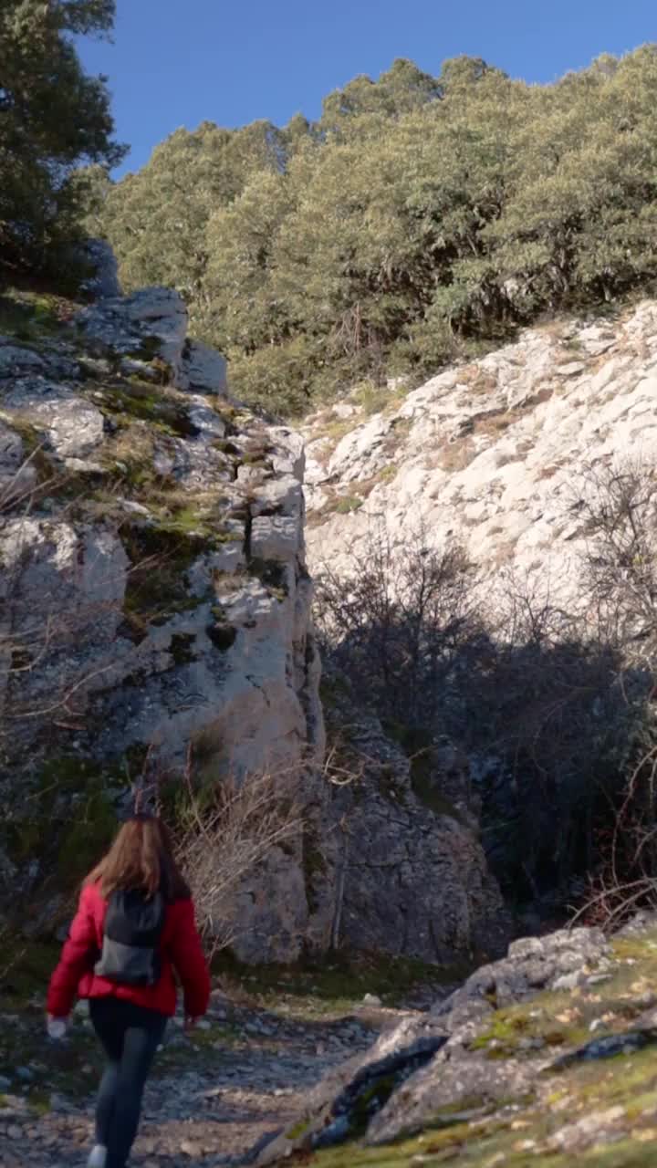 在一个阳光明媚的冬日里，一个无法辨认的女人在山上徒步的垂直后视图。视频素材