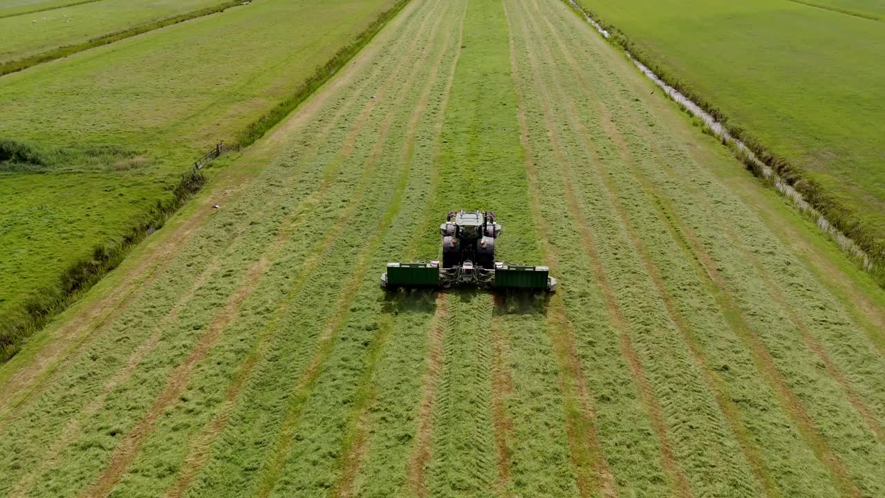 弗里斯兰草地拖拉机割草收草航拍图视频素材