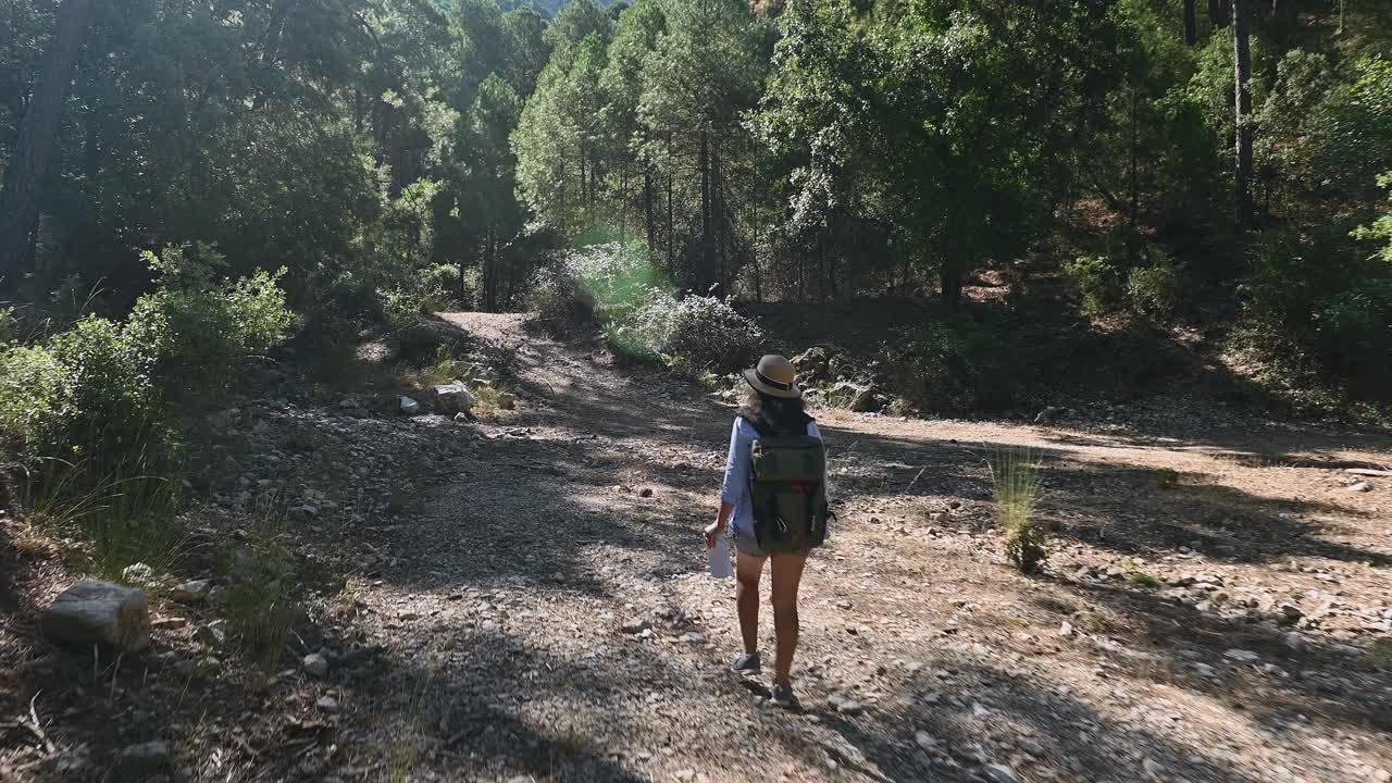 一名妇女背着背包和地图在森林小径上徒步旅行，在阳光明媚的林地环境中探索大自然，享受户外冒险。视频素材