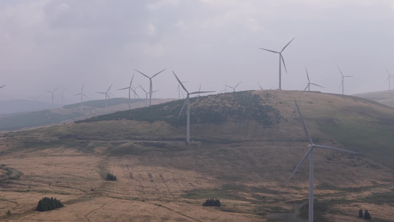 苏格兰山区大型风力发电场鸟瞰图。可持续能源。气候解决方案概念。视频素材