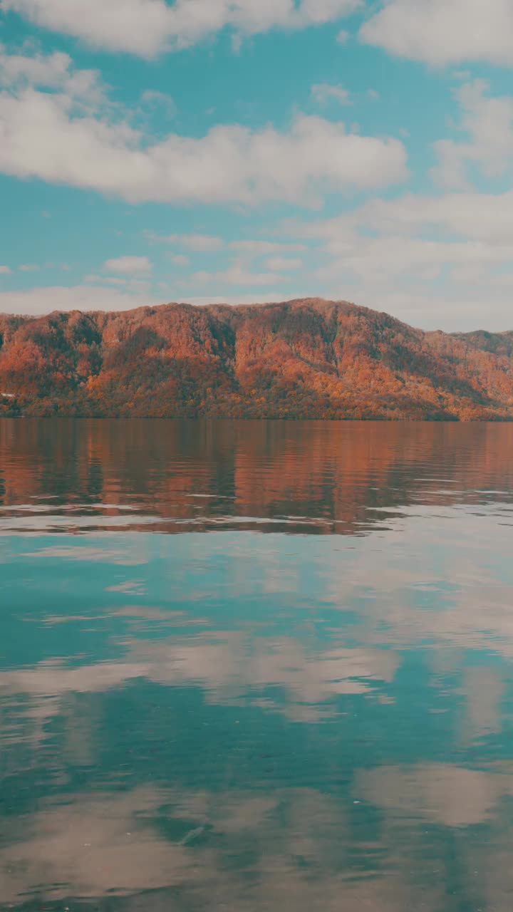 美丽的山景和湖泊在秋天或秋天，日本青森县的武田湖，无人，垂直视频的智能手机镜头视频下载