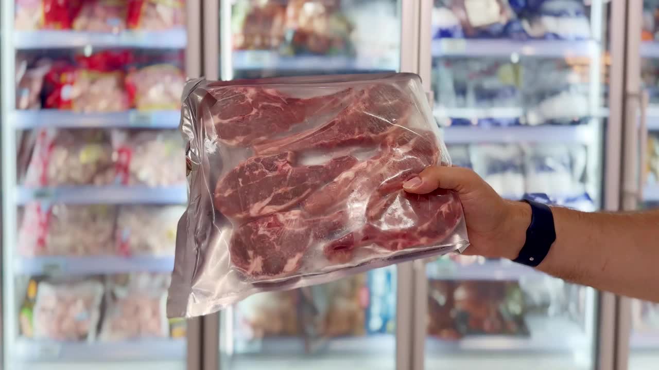 在杂货店选择猪肉、牛肉和其他肉类视频下载