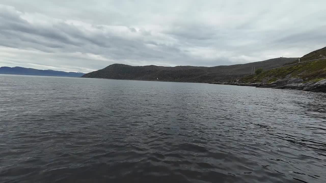 FPV无人机飞行跟随一些海鸥鸟在风景如画的暴风雨泡沫海浪冲刷岩石海岸和悬崖在阴沉的天空下阴天的4K。视频下载