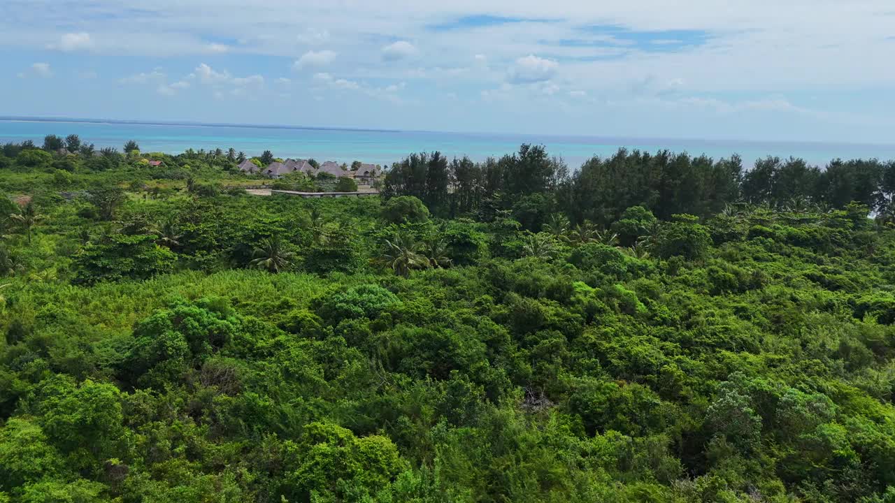 飞越印度洋海岸线上的植被，飞往坦桑尼亚桑给巴尔的海滩度假胜地。无人机拍摄的视频素材