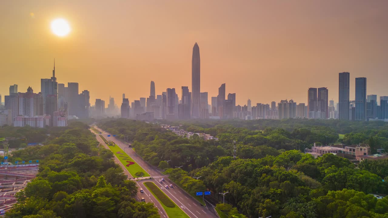 深圳智慧城市日出的空中超缩图视频素材