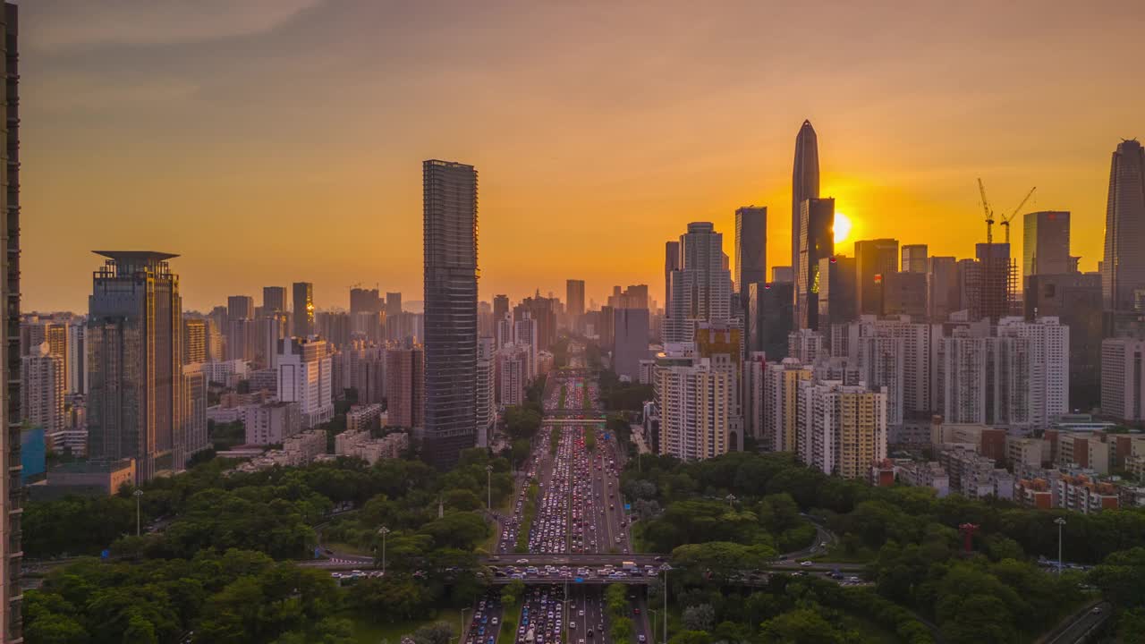 深圳智慧城市日出的空中超缩图视频素材