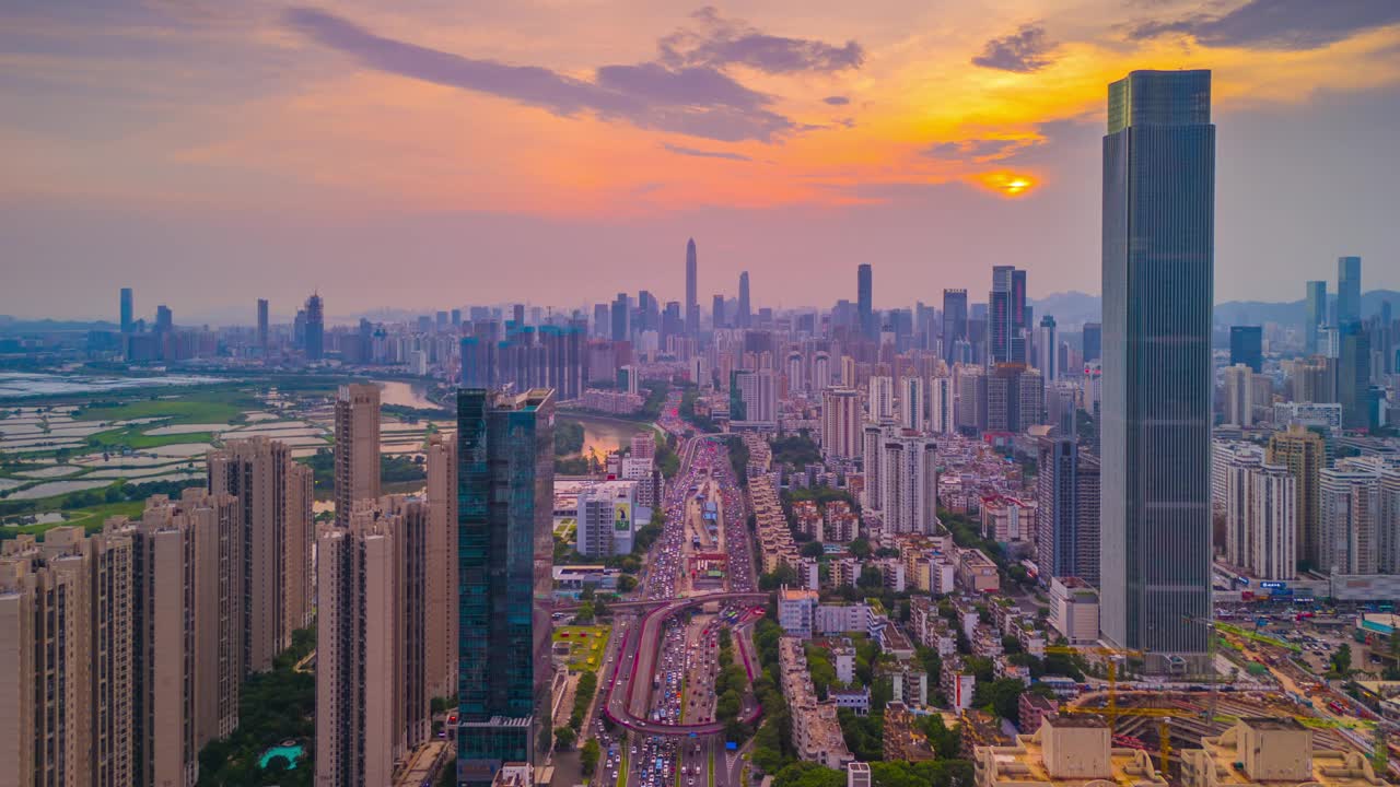 深圳智慧城市日出的空中超缩图视频下载