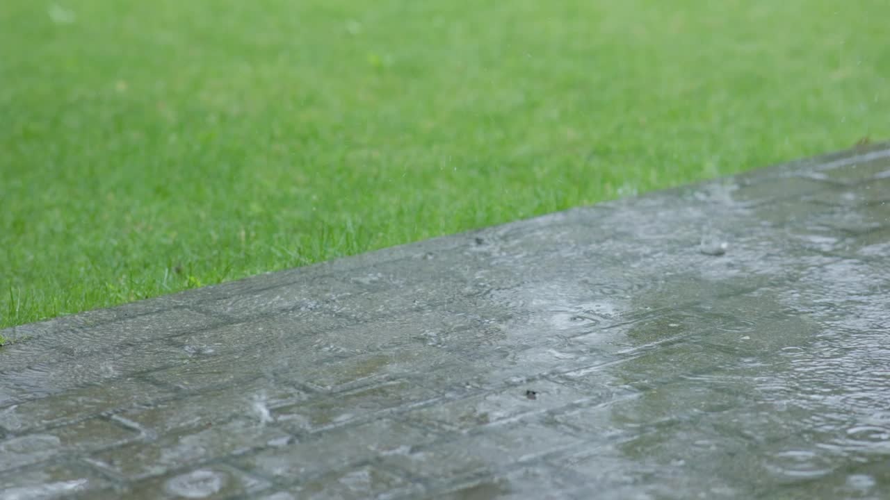 夏天的雨滴落在水坑里，走在人行道上，城市铺设的道路，绿色的草地视频下载