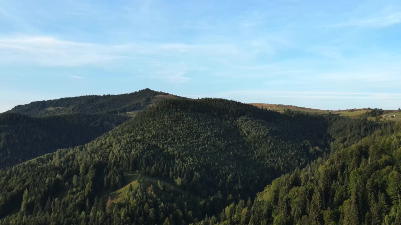 鸟瞰图电影拍摄美丽的夏季山脉和温暖的惊人的日出。绿色云杉林的山坡山脉。自然概念视频下载