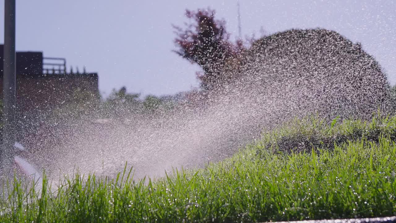 洒水车在城市公园里浇草视频下载