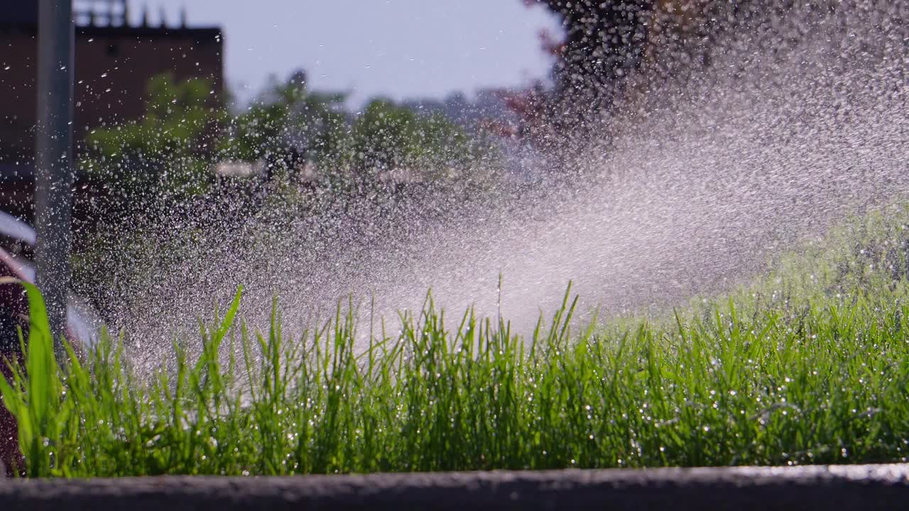 洒水车在城市公园里浇草视频下载