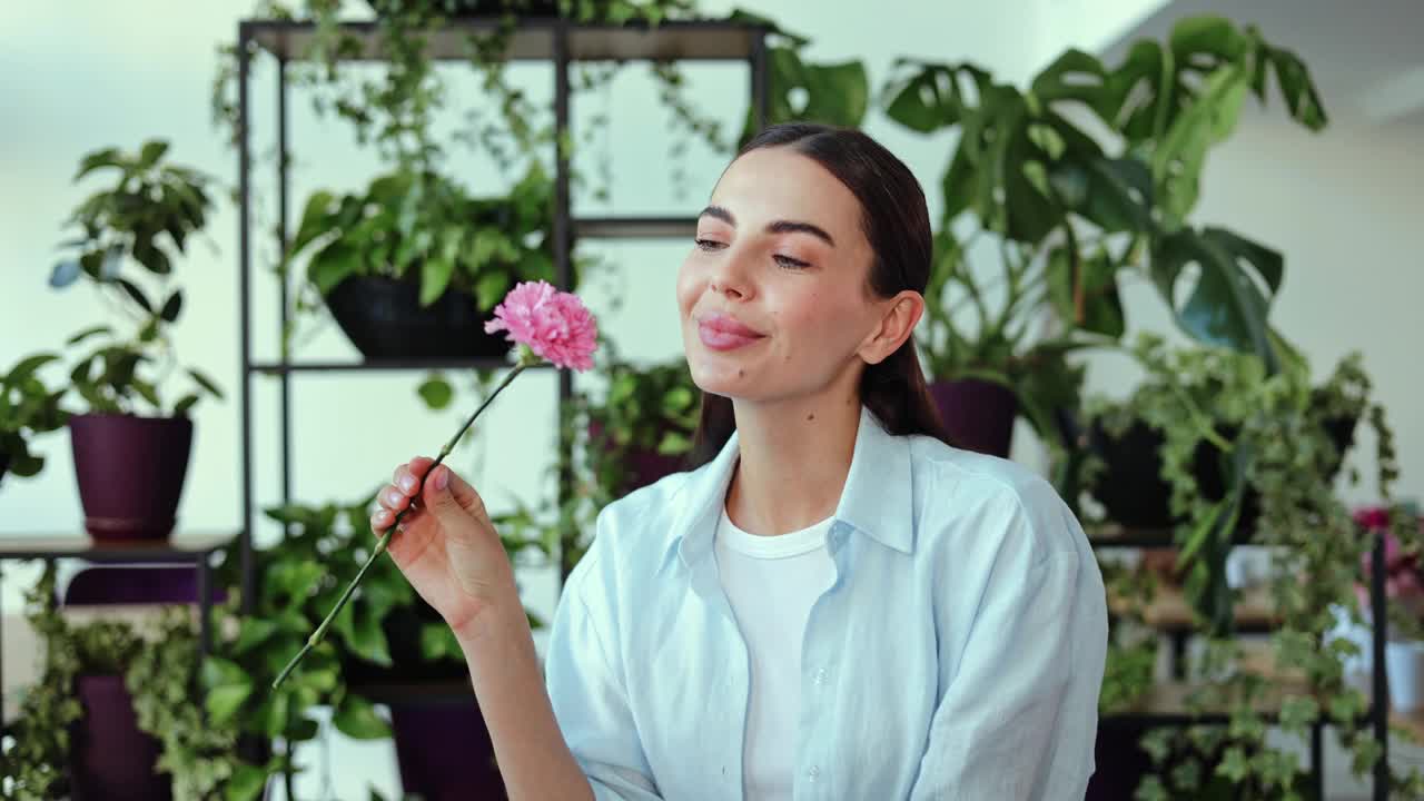 女人在植物店闻花微笑视频素材