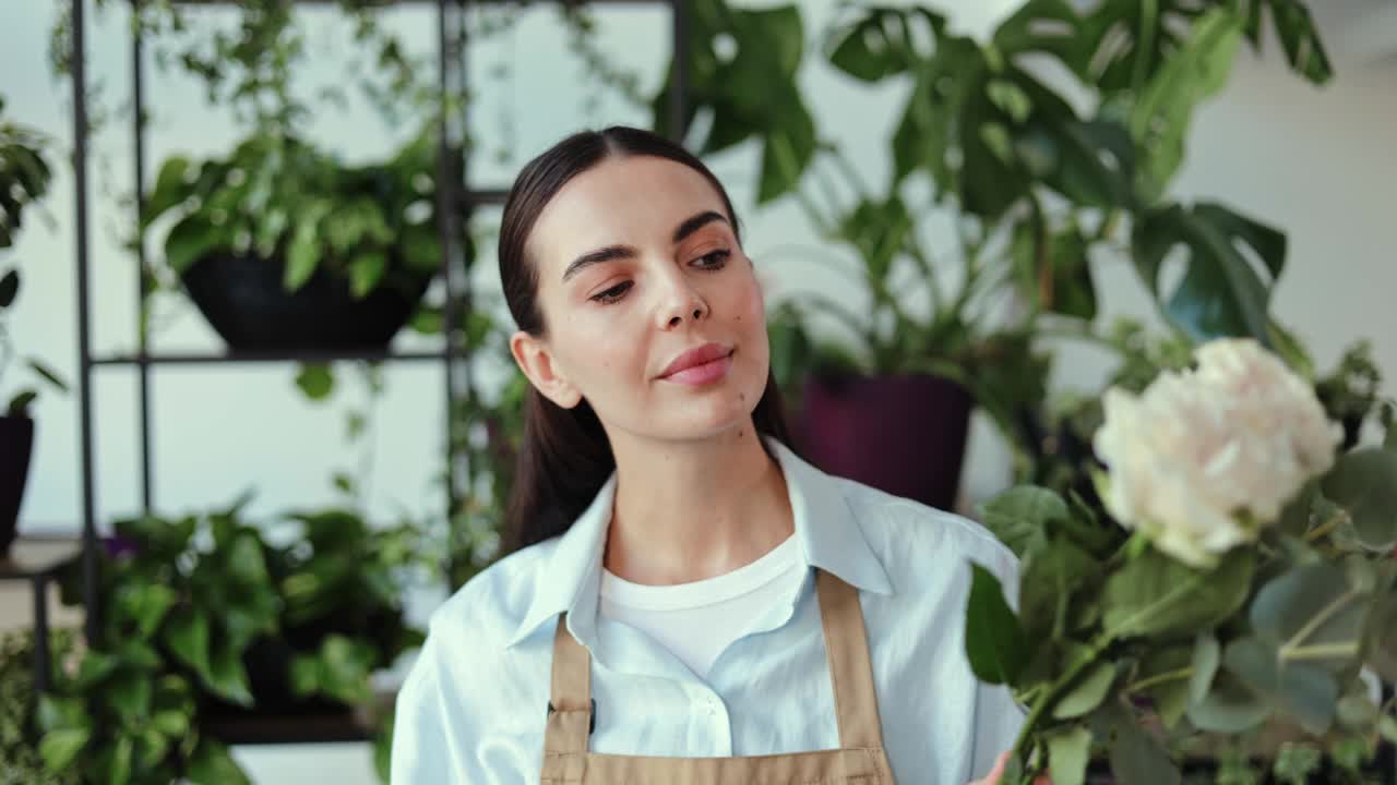 花匠在花店里整理白玫瑰视频素材