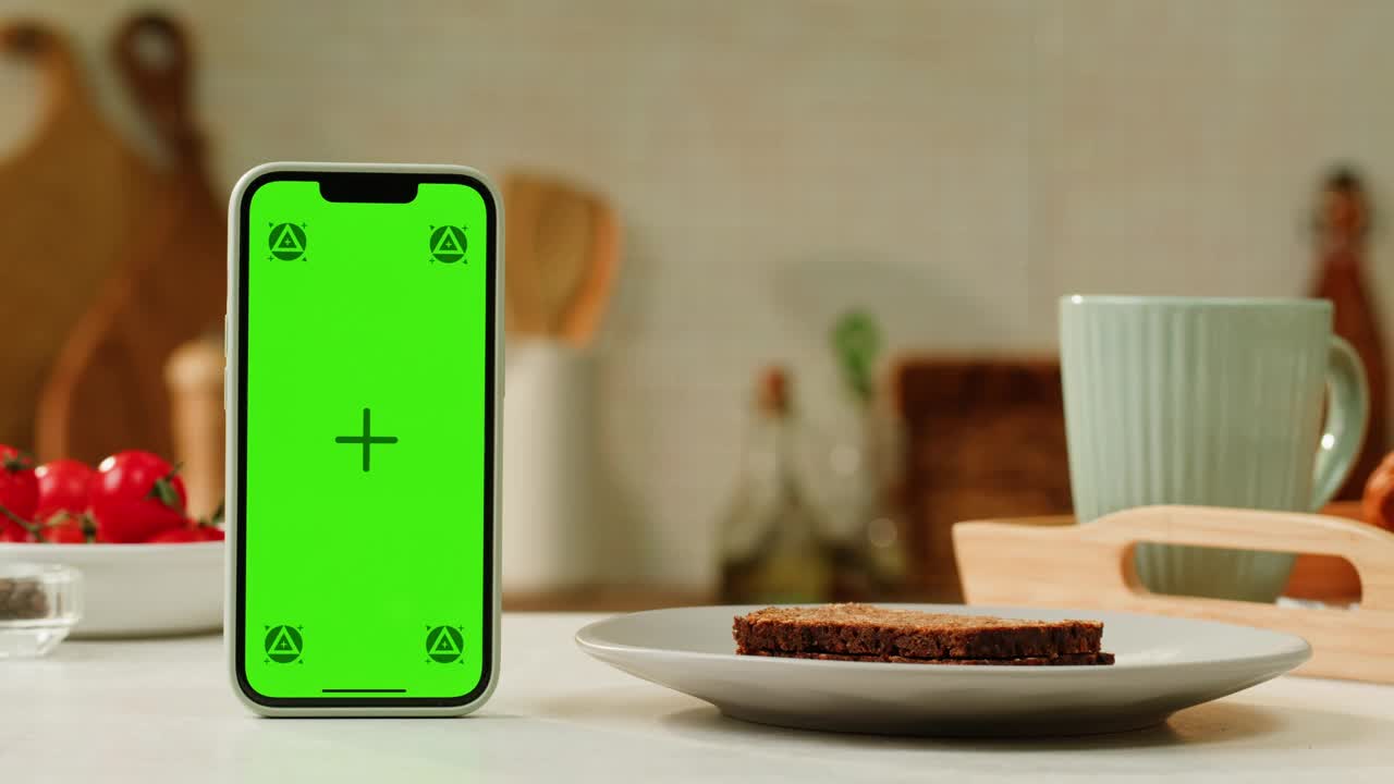 手机绿屏色度键在厨房，餐厅咖啡厅小酒馆应用程序，面包店食品，新鲜的三明治和咖啡的背景，烹饪应用程序。视频素材