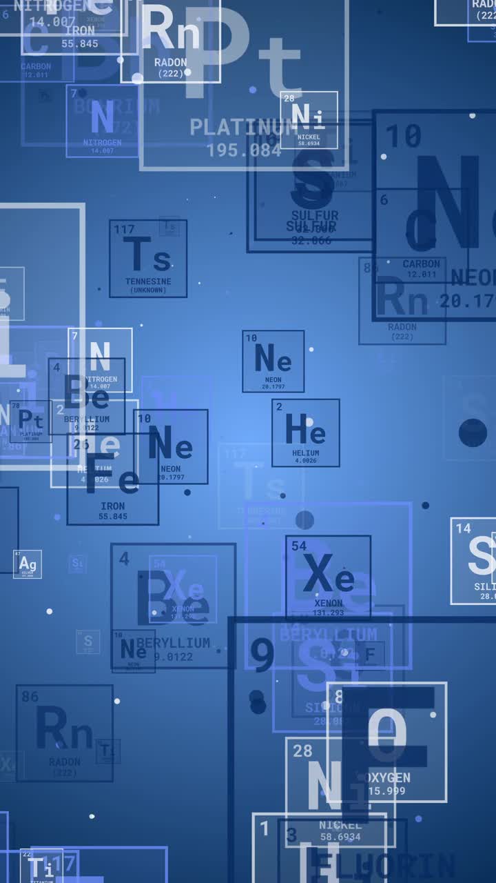 蓝色元素周期表。简化表，包括元素符号和原子序数。化学和科学循环动画。垂直视频。视频下载