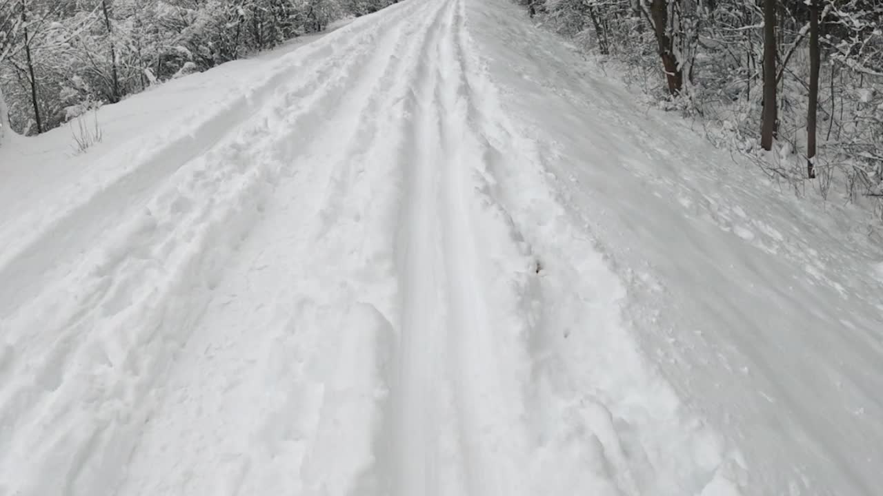 越野滑雪后，雪覆盖两侧的针叶树，河流附近的动作镜头的角度视频下载