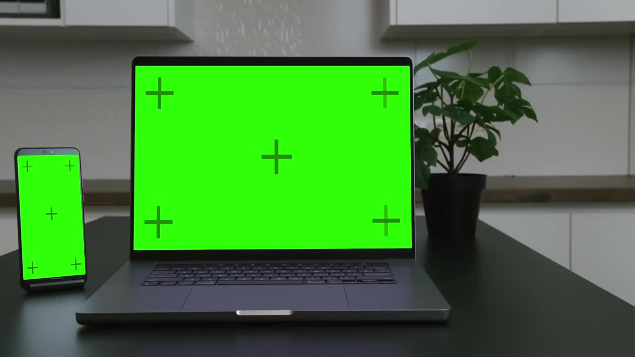 笔记本电脑和智能手机并排放在桌子上，都显示绿色屏幕，强调数字设备，技术和工作空间设置。视频下载