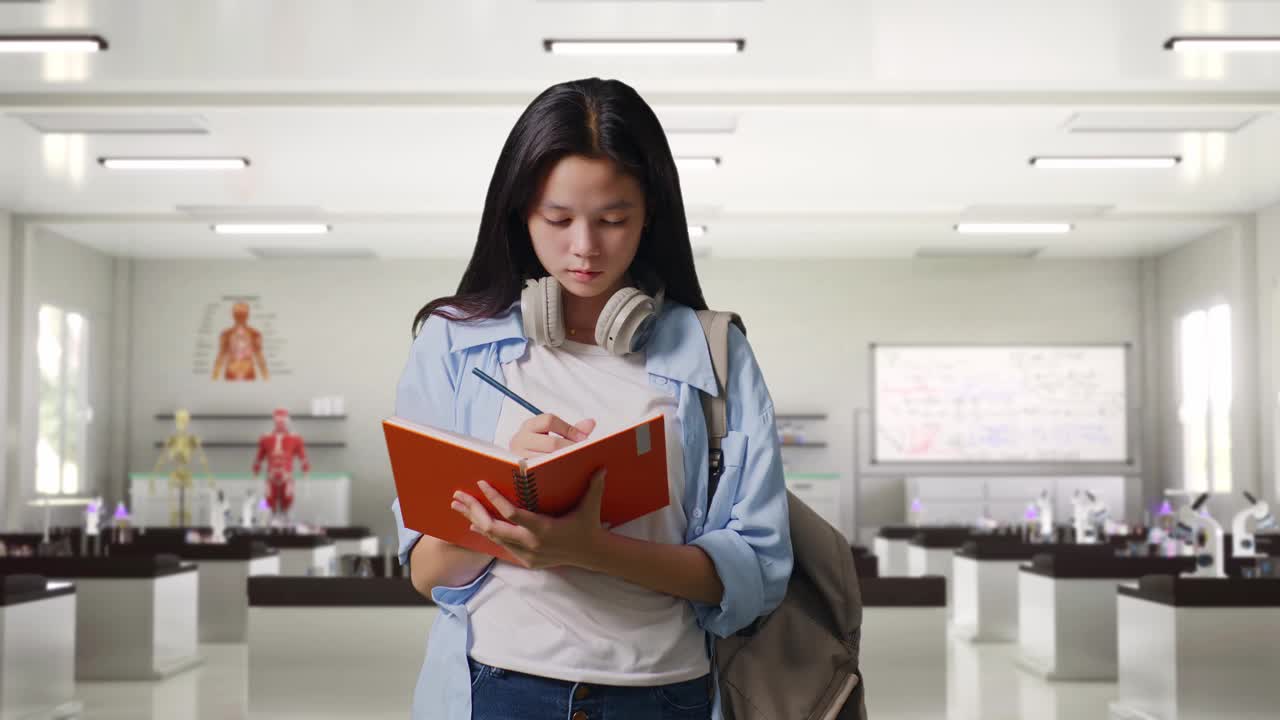 女学生站在科学实验室微笑着在笔记本上记笔记视频素材