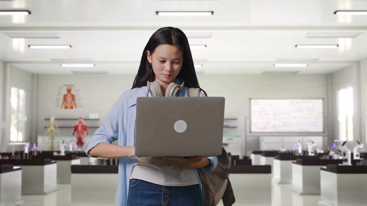 女学生站在科学实验室里微笑着用笔记本电脑打字视频下载