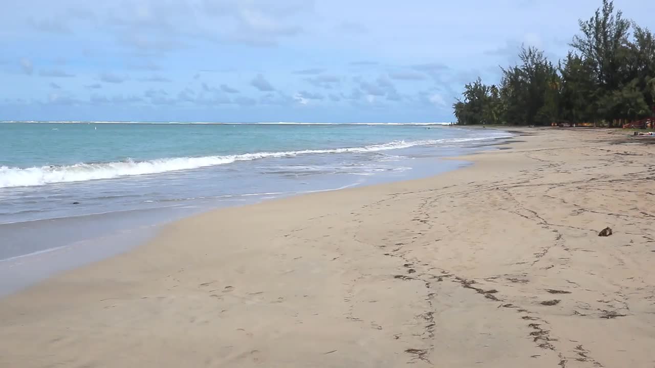 水冲在岸边美丽的海滩在波多黎各卢基洛(加勒比海岛屿旅游度假度假)田园诗般的空受欢迎的酒店旅游el yunque海浪冲浪沙滩云棕榈树视频素材