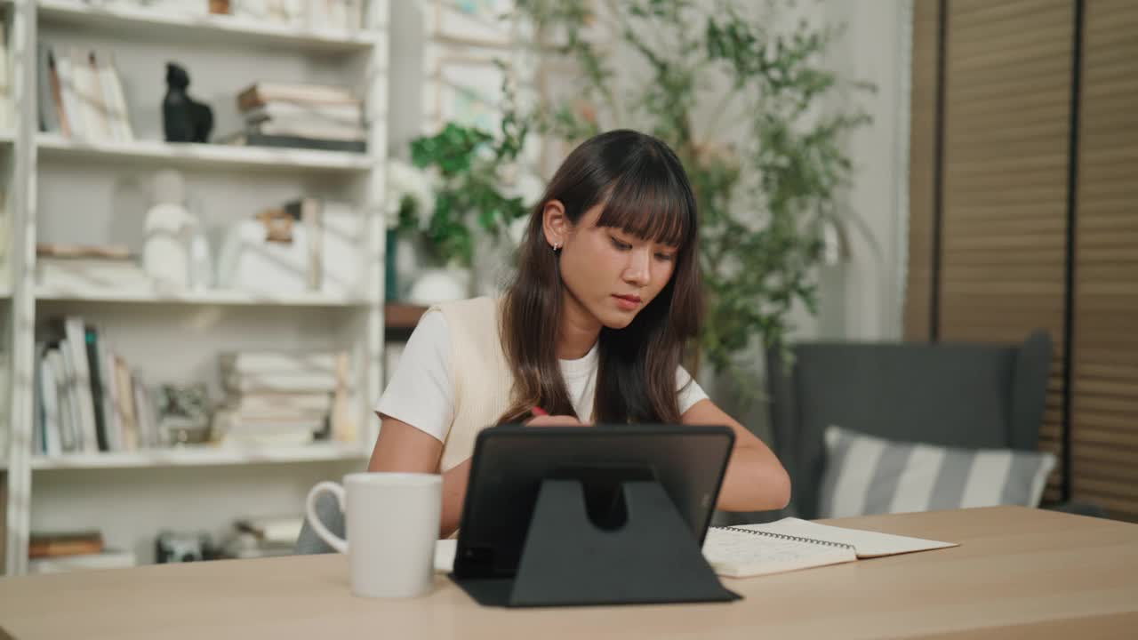 年轻的亚洲女性查看财务账单并在笔记本上记录数字。视频素材