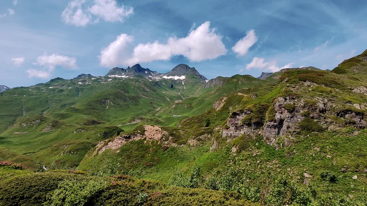 令人惊叹的高山夏季景观，郁郁葱葱的草地和雄伟的山峰视频素材