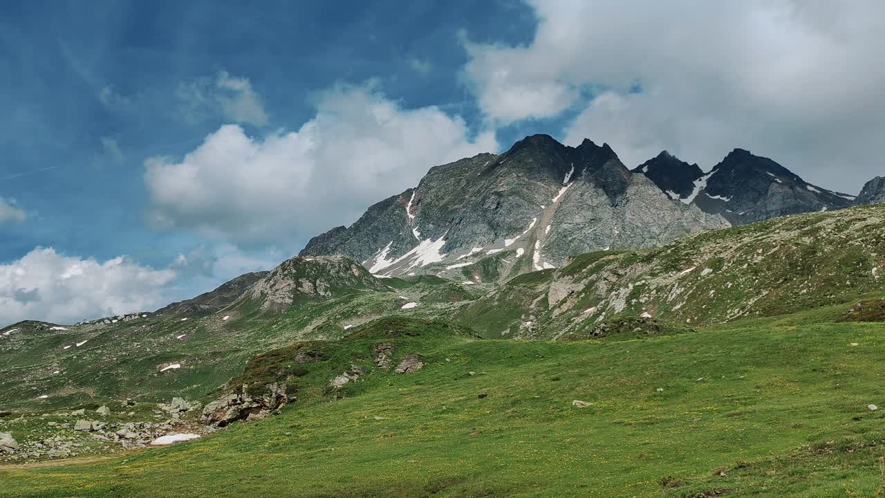 雄伟的高山草地与郁郁葱葱的绿色植物和崎岖的山峰在夏天视频素材